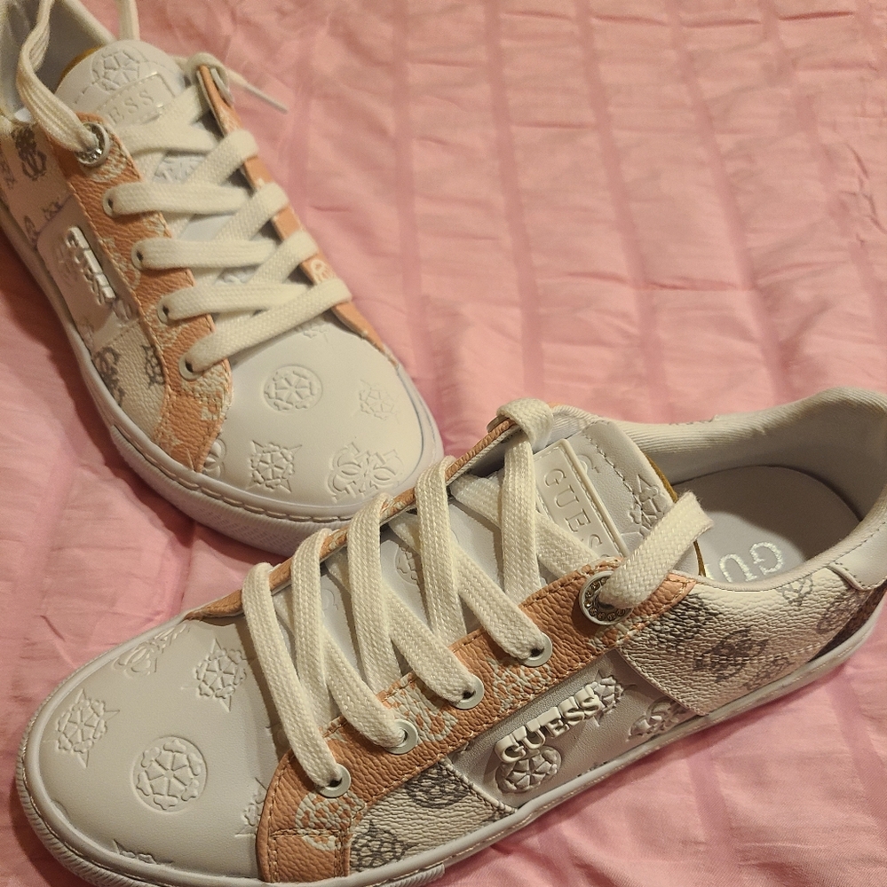 GUESS Women's Patchwork White and Pink Sneakers With Brown Heel